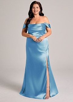Azazie Saige Bridesmaid Dresses Steel Blue Sheath Off the Shoulder Metallic Satin Convertible Dress image9