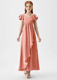 Azazie Omari Junior Coral A-Line Pleated Stretch Satin Dress image5
