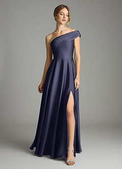 Azazie Melanie Bridesmaid Dresses Stormy A-Line Off the Shoulder Stretch Satin Dress image3