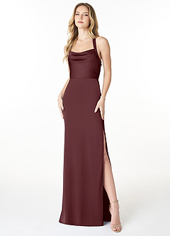 Azazie Myla Bridesmaid Dresses Sangria Sheath Cowl Keyhole Stretch Satin Dress image1