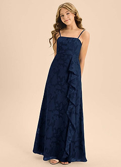 Azazie Kaylee Junior Dark Navy A-Line with Belt Floral Burnout Dress image5