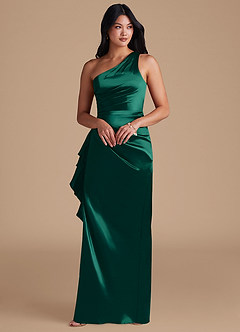 Azazie Latrice Bridesmaid Dresses Emerald Sheath One Shoulder Metallic Satin Dress image6