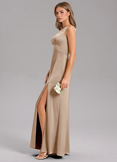 Azazie Phaedra Bridesmaid Dresses Taupe A-Line One Shoulder Stretch Satin Dress image5