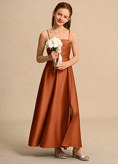 Azazie Pebbles Girls Formal Robe Demoiselle D'honneur Fillette Robe Trapèze en Mat Satiné Plissée Orange Brûlée image6