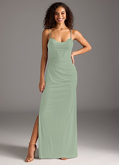 Azazie Mai Bridesmaid Dresses Dusty Sage Sheath Pleated Mesh Dress image3