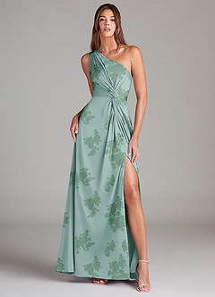 Azazie Brooke Robes de demoiselle d'honneur Robe Trapèze en Satin extensible Ue épaule Fleurs De Sauge Poussiéreuse image1