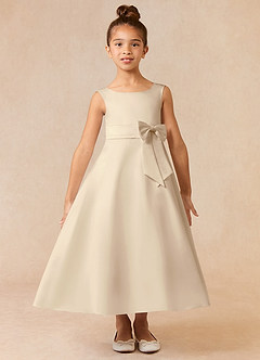 Azazie Lindy Flower Girl Dresses Champagne A-Line Pleated Matte Satin Dress image2