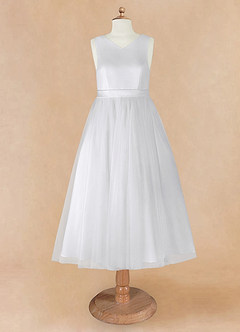 Azazie Marlee Flower Girl Dresses White A-Line Pleated Matte Satin Dress image7