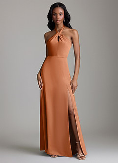 Azazie Tracie Bridesmaid Dresses Copper A-Line Side Slit Stretch Satin Dress image1