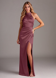 Azazie Jemma Bridesmaid Dresses Desert Rose Sheath Pleated Stretch Satin Dress image2