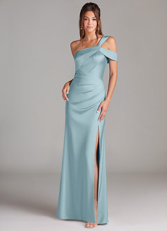 Azazie Wynter Bridesmaid Dresses Moody Blue Sheath Off the Shoulder Stretch Satin Dress image1