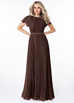 Azazie Kara Bescheidene Brautjungfernkleider A-Linie Plissee Chiffon Bodenlänge Kleid image1