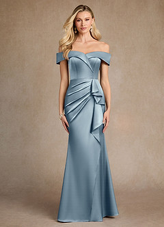 Azazie Laredo Mother of the Bride Dresses Dusty Blue Mermaid Off the Shoulder Stretch Satin Dress image1