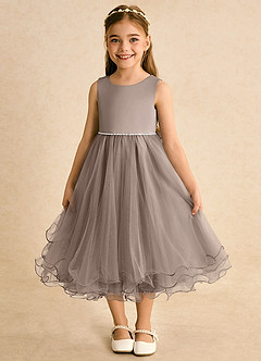 Azazie Lass vestidos de niña de las flores Vestido de Gris Pardo de Tul de Corte En A con Lazo image2
