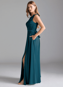 Azazie Elly Bridesmaid Dresses Ink Blue A-Line Lace Stretch Satin Dress image4