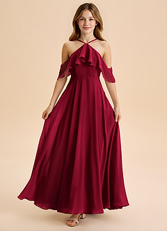 Azazie Tessabelle Junior Burgundy A-Line Off the Shoulder Chiffon Dress image5