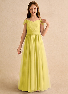 Azazie Yuna Girls Formal Abiti da Ragazza di Fiori Abito A-Line in Tulle Spalle Scoperte Canarino image6