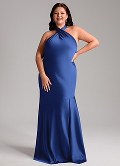 Azazie Lorena Vestidos de damas de honor Vestido de Azul Real de Satén Elástico de Corte Sirena con Plisado image7