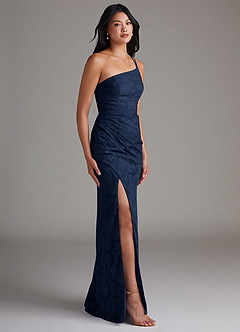 Azazie Eren Jurken voor bruidsmeisjes Jurk van Bloemen Burn-out met Kolom One-Shoulder Donkere Marine image3