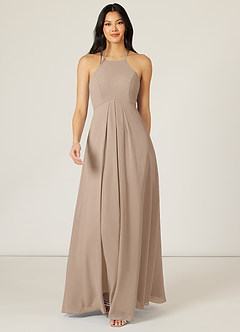 Azazie Sarah Bridesmaid Dresses Taupe Empire Pleated Chiffon Dress image1