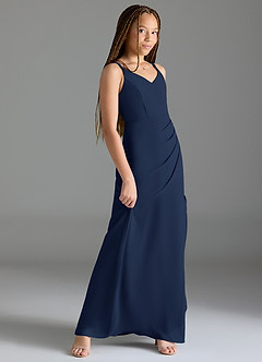 Azazie Leo Junior Meerjungfrau-Linie Plissee Chiffon Kleid Dunkelmarine image3