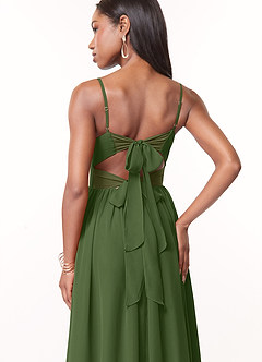 Azazie Zeya Bridesmaid Dresses Olive A-Line V-Neck Pleated Chiffon Dress image2