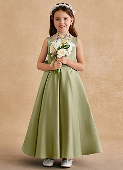 Azazie Honey Bear vestidos de niña de las flores Vestido de Musgo Verde de Satin Mate de Corte En A con Plisado image3