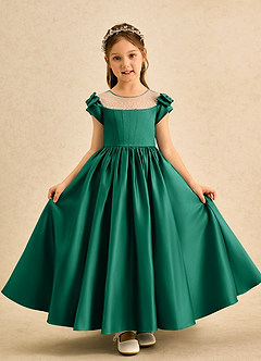 Azazie Toffee Blumenmädchenkleider Ballkleid Schleifen Matte Satin Kleid Smaragd image2