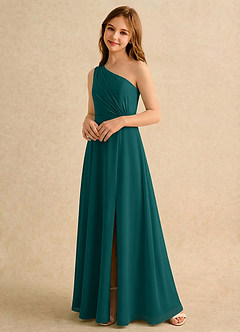 Azazie Puddles Girls Formal Robe Demoiselle D'honneur Fillette Robe Trapèze en Mousseline de soie Une épaule Paon image4