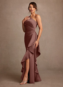 Azazie Yvette Mother of the Bride Dresses Espresso Sheath One Shoulder Stretch Satin Dress image4