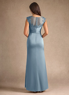 Azazie Santa Barbara Mother of the Bride Dresses Dusty Blue Sheath Pleated Stretch Satin Dress image3