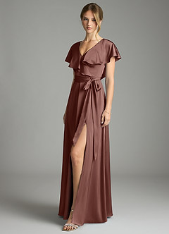 Azazie Lainey Bridesmaid Dresses Espresso A-Line with Pockets Stretch Satin Dress image4