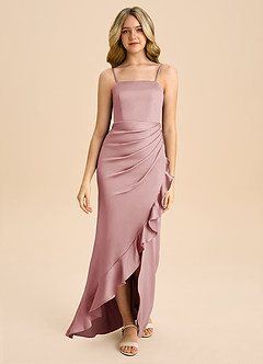 Azazie Buzzy Junior Dusty Rose Sheath Pleated Stretch Satin Dress image4