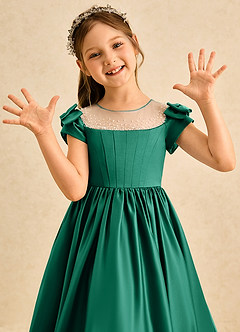 Azazie Toffee Blumenmädchenkleider Ballkleid Schleifen Matte Satin Kleid Smaragd image6