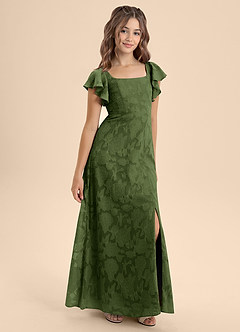 Azazie Bondi Junior Olive A-Line Bow Floral Burnout Dress image6