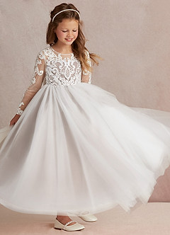 Azazie Elodie Flower Girl Dresses Ivory Taupe Ball-Gown Lace Dress image2