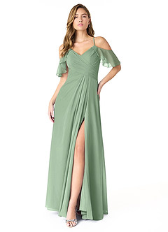 Azazie Dakota Vestidos de damas de honor Vestido de Matcha de Gasa de Corte en A con Cuello en V plisado image1