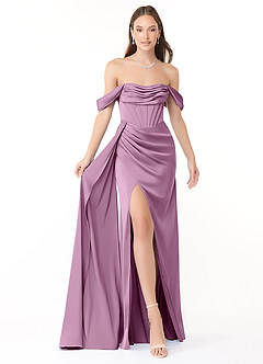 Azazie Amyra Robes de demoiselle d'honneur Robe Fourreau Convertible en Satin extensible Épaule décolletée Glycine image1