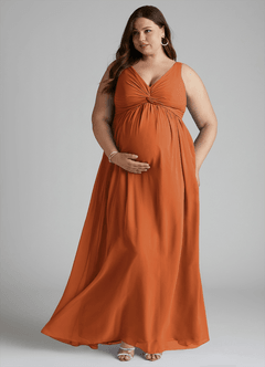 Azazie Yetta Maternity Bridesmaid Dresses A-Line V-Neck Gathered Chiffon Floor-Length Dress image7