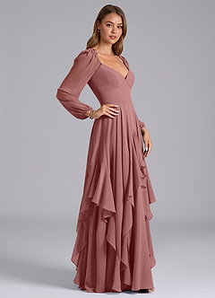 Azazie Karan Abiti da Damigella Abito A-Line in Chiffon Manica Lunga Rosa Del Deserto image5