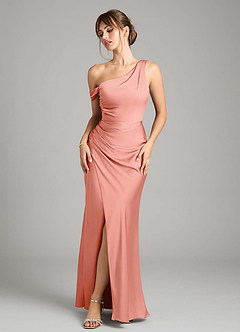 Azazie Madelyn Robes de demoiselle d'honneur Robe Sirène Convertible en Satin extensible Une épaule Corail image1