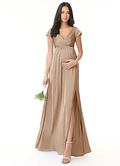 Azazie Allessia Maternity Bridesmaid Dresses A-Line Pleated Stretch Satin Floor-Length Dress image1
