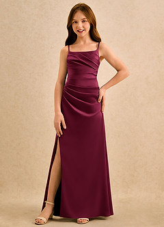 Azazie Cannoli Girls Formal Flower Girl Dresses Burgundy A-Line Pleated Stretch Satin Dress image3