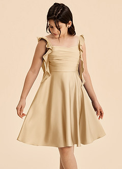 Azazie Kira Junior A-Linie Gestreift Stretch-Satin Kleid Gold image4
