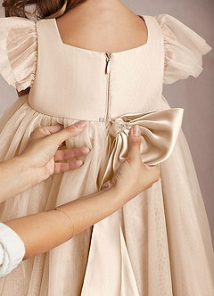 Azazie Kalio Flower Girl Dresses White Alabaster A-Line with Sleeves Tulle Dress image4