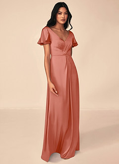 Azazie Soren Bridesmaid Dresses Salmon Pink A-Line Pleated Stretch Satin Dress image4