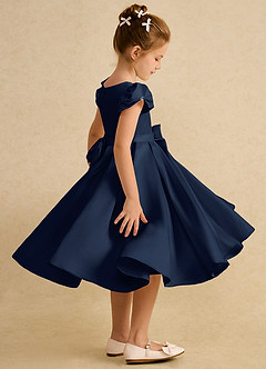 Azazie Pearl Flower Girl Dresses Dark Navy Ball-Gown Pleated Matte Satin Dress image3
