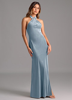 Azazie Drita Bridesmaid Dresses Dusty Blue A-Line Pleated Velvet Dress image5