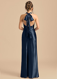 Azazie Velli Bridesmaid Dresses Dark Navy Sheath High Neck Metallic Satin Dress image5