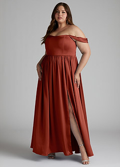 Azazie Morana Jurken voor bruidsmeisjes Converteerbaar Jurk van Stretch Satijn met A-Lijn Off the Shoulder Terracotta image12